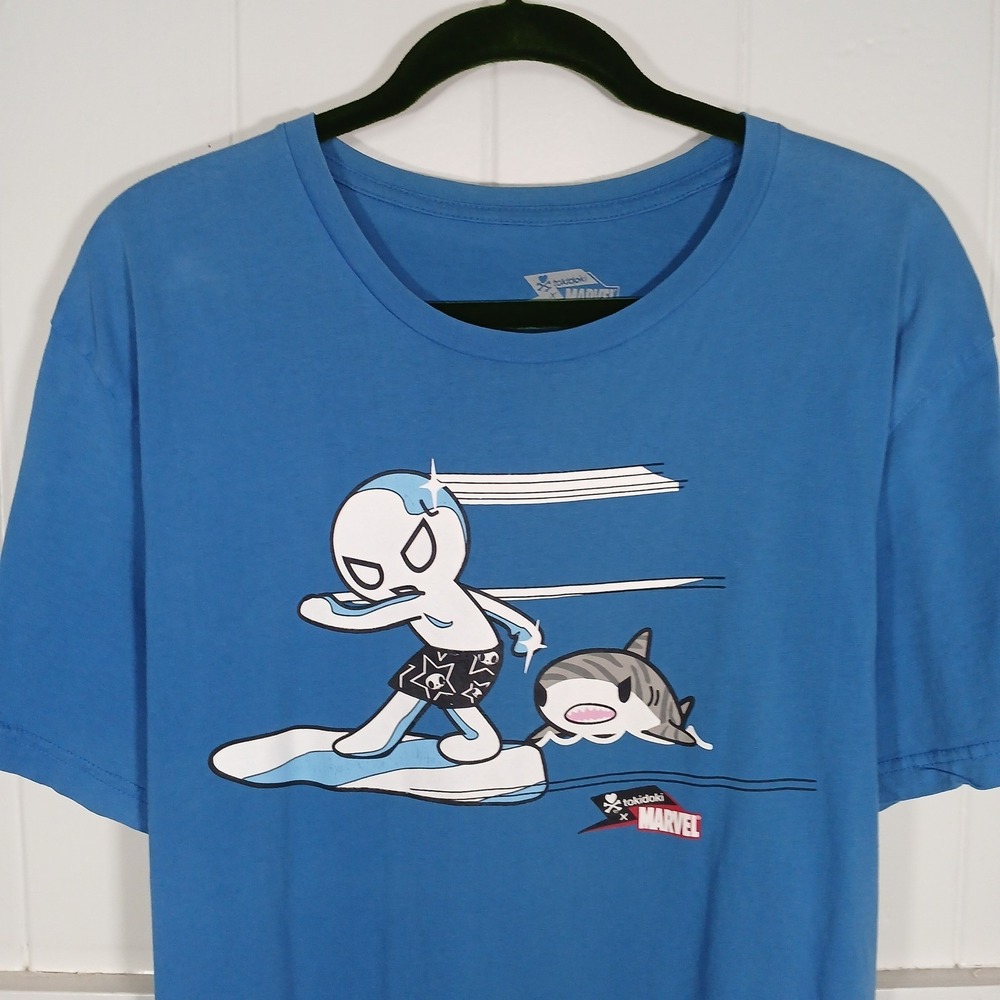 Tokidoki x Marvel Men Blue Surfing Graphic T-Shirt Large Simone Legno Shark